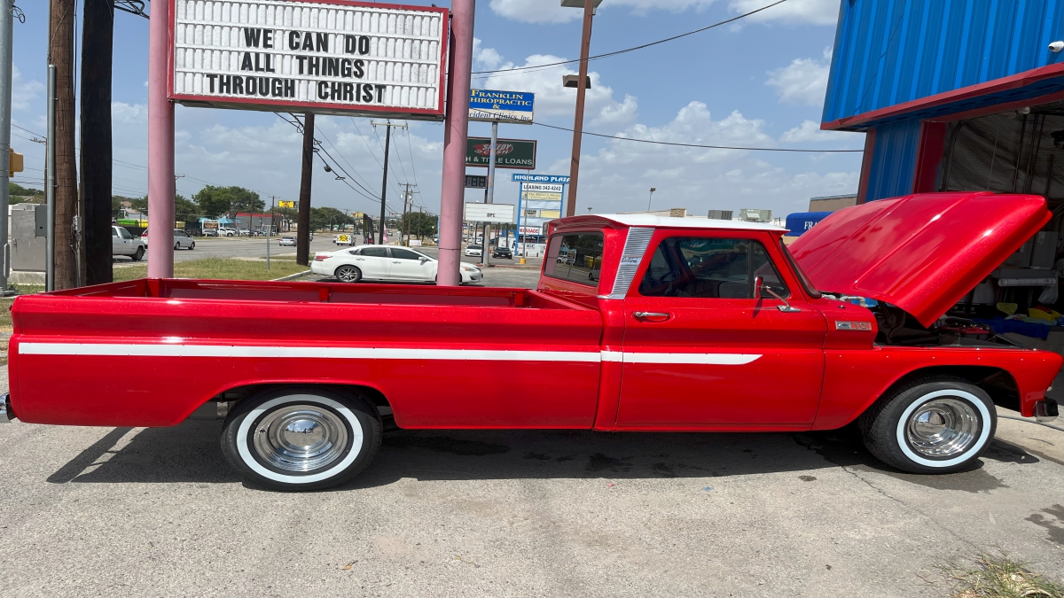 Red classic truck after auto body restoration