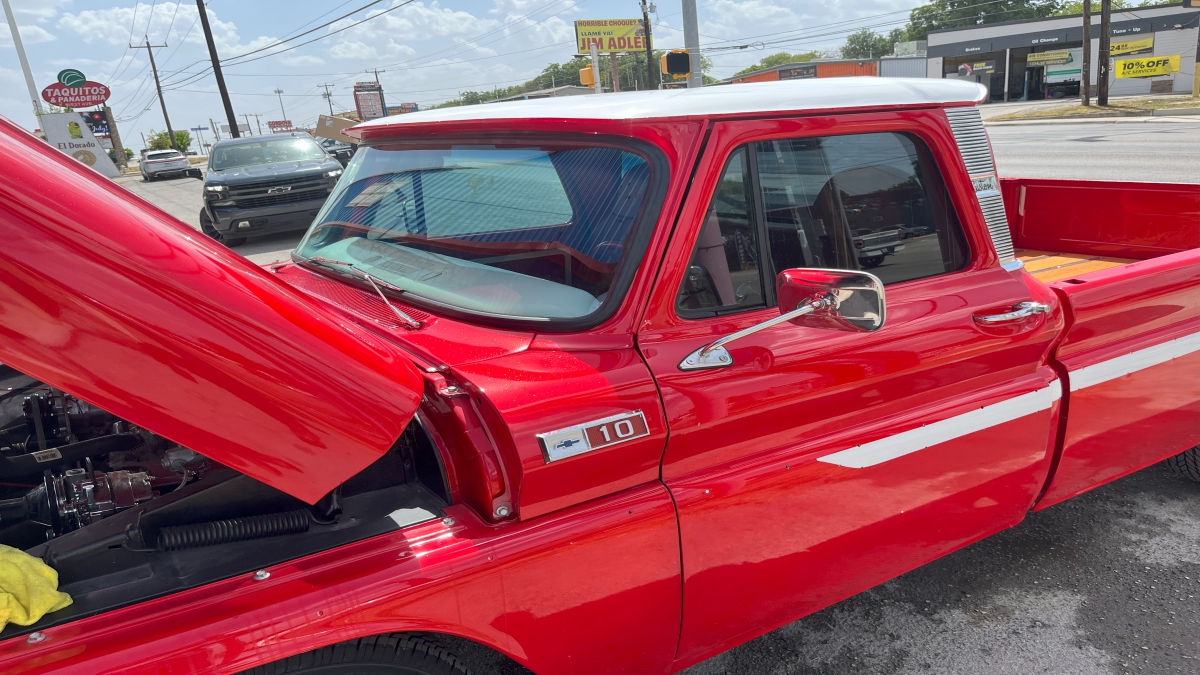 Red classic truck after auto body restoration